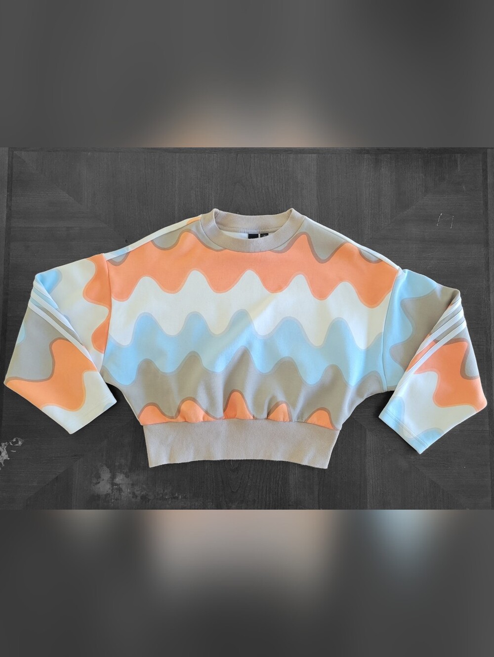 Marimekko x Adidas Cropped Wavy Stripe Sweatshirt - Coral, Sky Blue & Gray - Picture 3 of 11